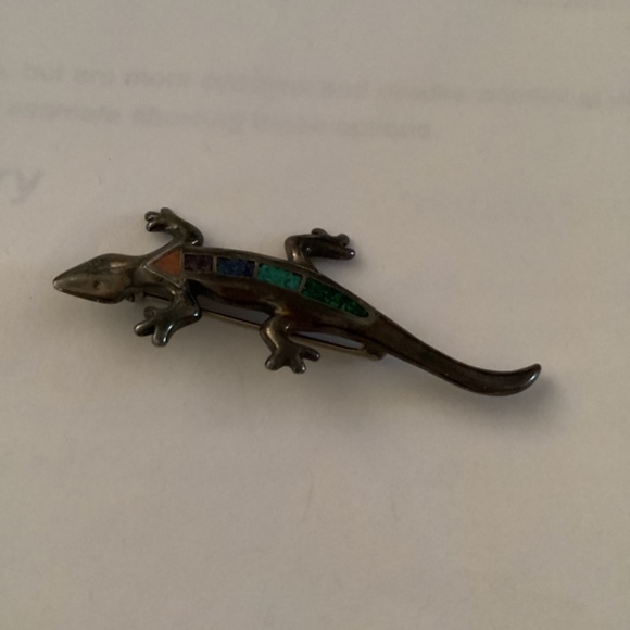 Signed Carolyn Pollack Sterling Silver Lizard Brooch Stone Inlay - Picture 5 of 5
